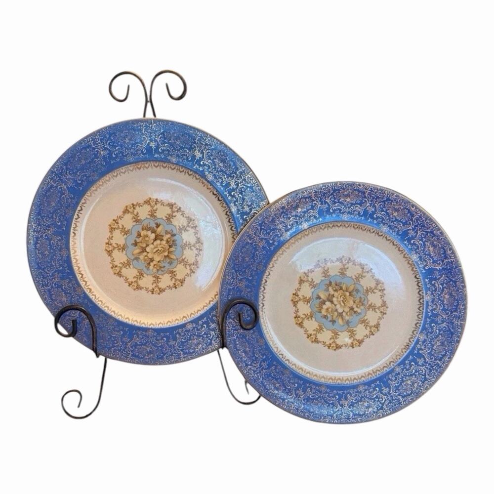 Vintage (2) Century By Salem BLUE Plates 23K Gold Filigree & Floral Design READ